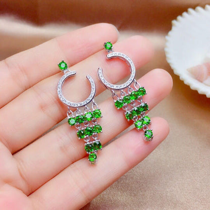 Natural Russian Diopside Earrings Crystal Transparent Full Body S925 Silver