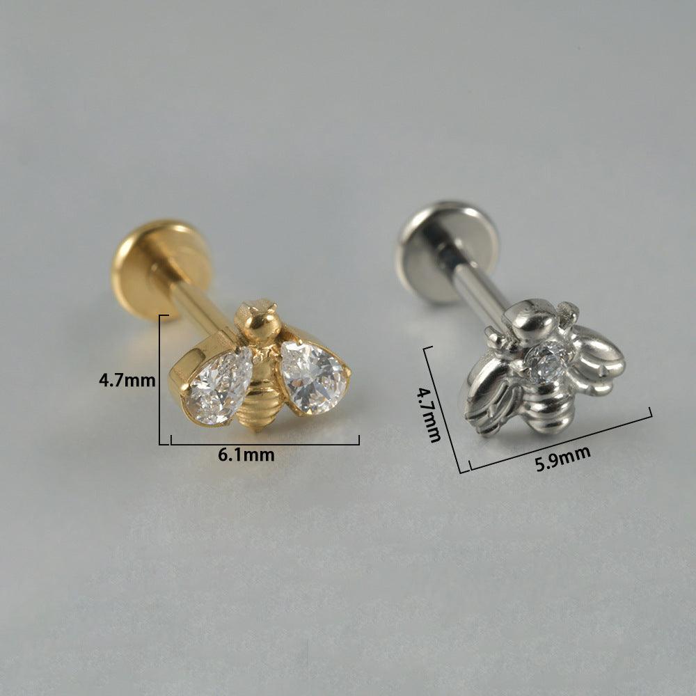 G23 Titanium Personality Straight Rod Flat Bottom Labret Inlaid Zircon Bee Labret Ear Studs Tongue Pin DIY Piercing Earrings