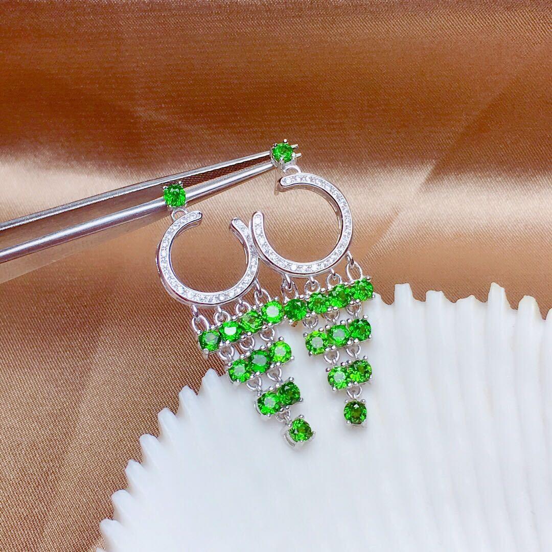 Natural Russian Diopside Earrings Crystal Transparent Full Body S925 Silver