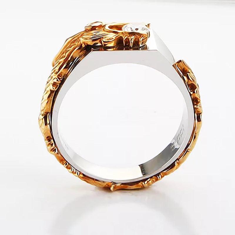 New Men's Domineering Dragon Pattern Two-color Zircon Rhinestone Ring Fashion Punk Hip Hop