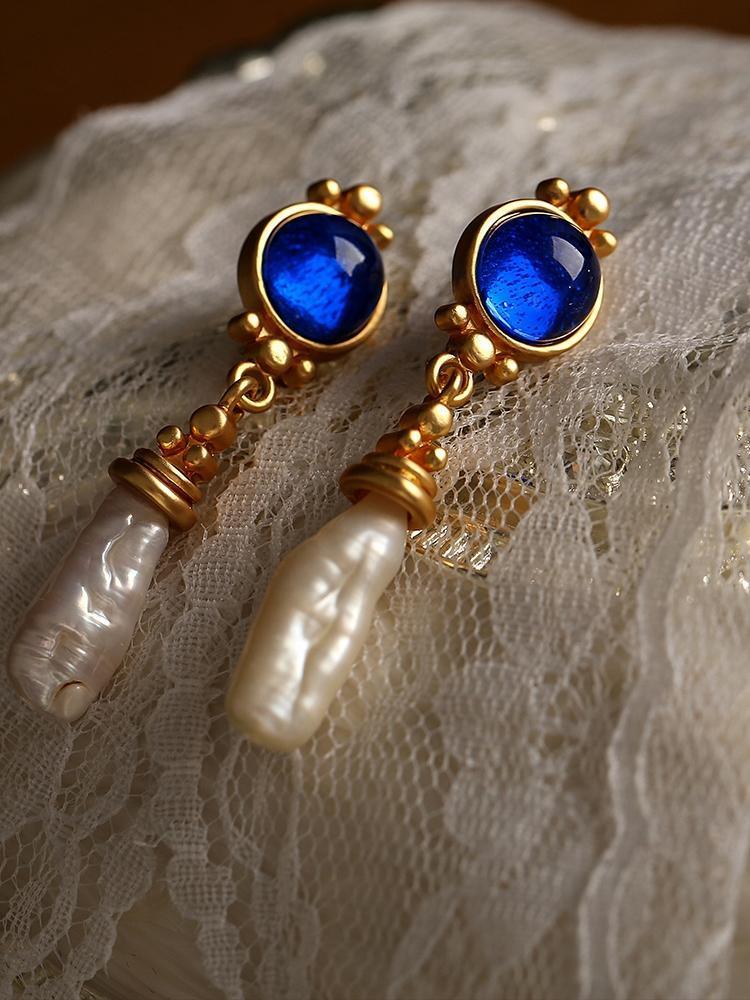 French Retro Maillard Blue Baroque Pearl Earrings