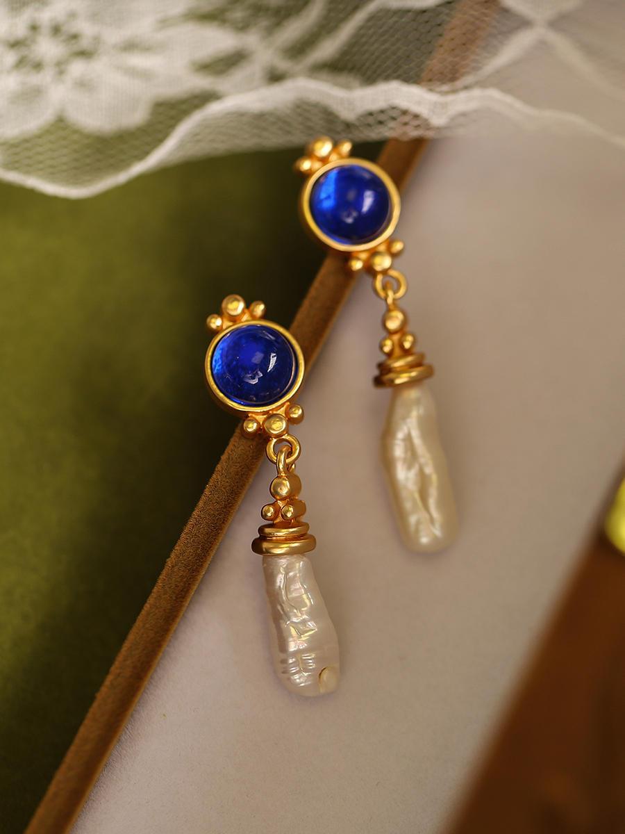 French Retro Maillard Blue Baroque Pearl Earrings