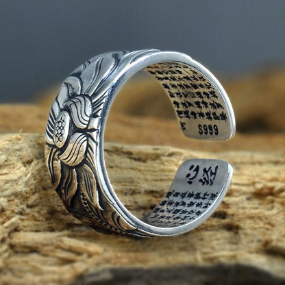 Thai Silver Black Men'S And Women'S Lotus Heart Sutra  Ring