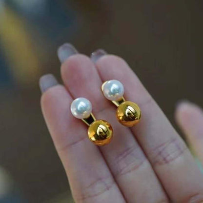 Pearl And Small Gold Ball Combined With Gold Earrings