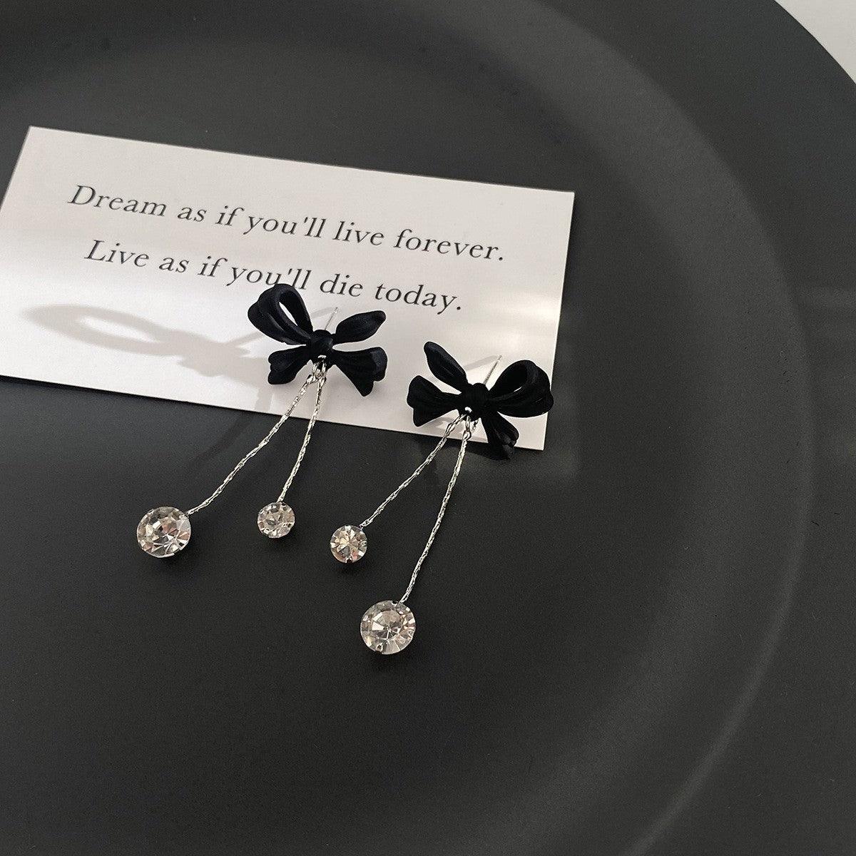 Black Bow Zircon Tassel Earrings Versatile Temperament Socialite Earrings High-end Design Earrings