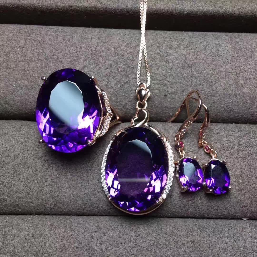 New Fashion Amethyst Set Ring Pendant Earrings Three-piece Set