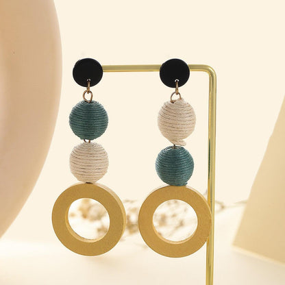 Retro Minimalist Circular Color Blocked Earrings With Hollowed Out Wooden Tassel Earrings