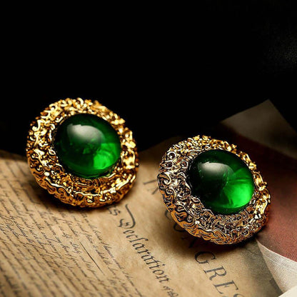 Women's French Retro Baroque Round Gem Silver Pin Earrings