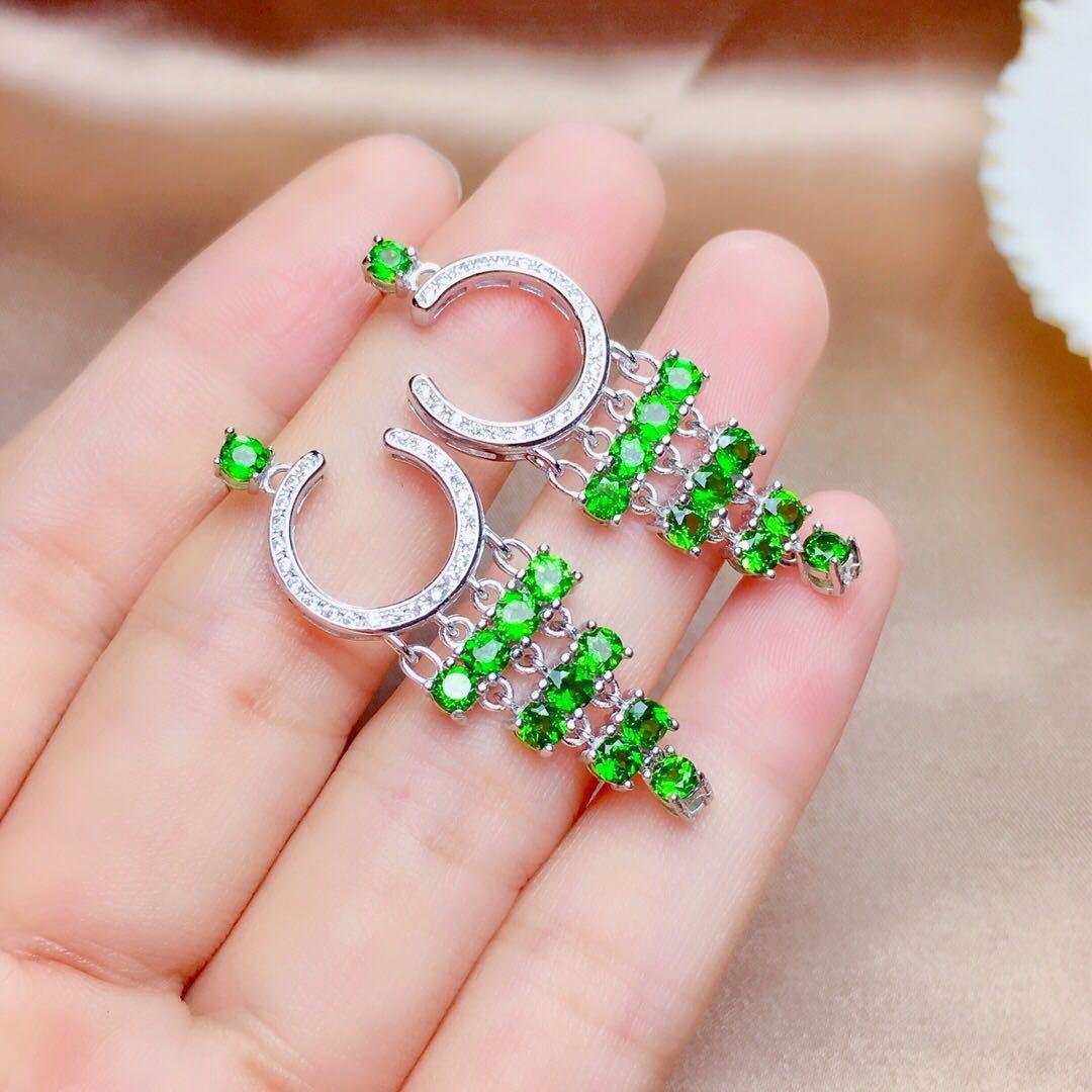 Natural Russian Diopside Earrings Crystal Transparent Full Body S925 Silver