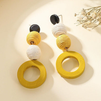 Retro Minimalist Circular Color Blocked Earrings With Hollowed Out Wooden Tassel Earrings