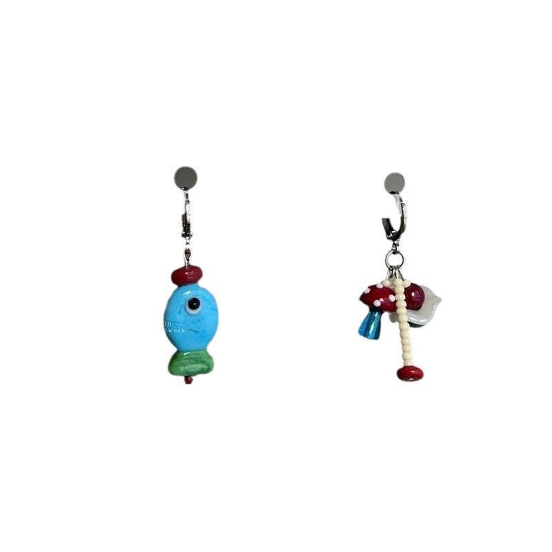 Hand-made Earrings Mushroom Fish Contrast Color Red And Blue Retro