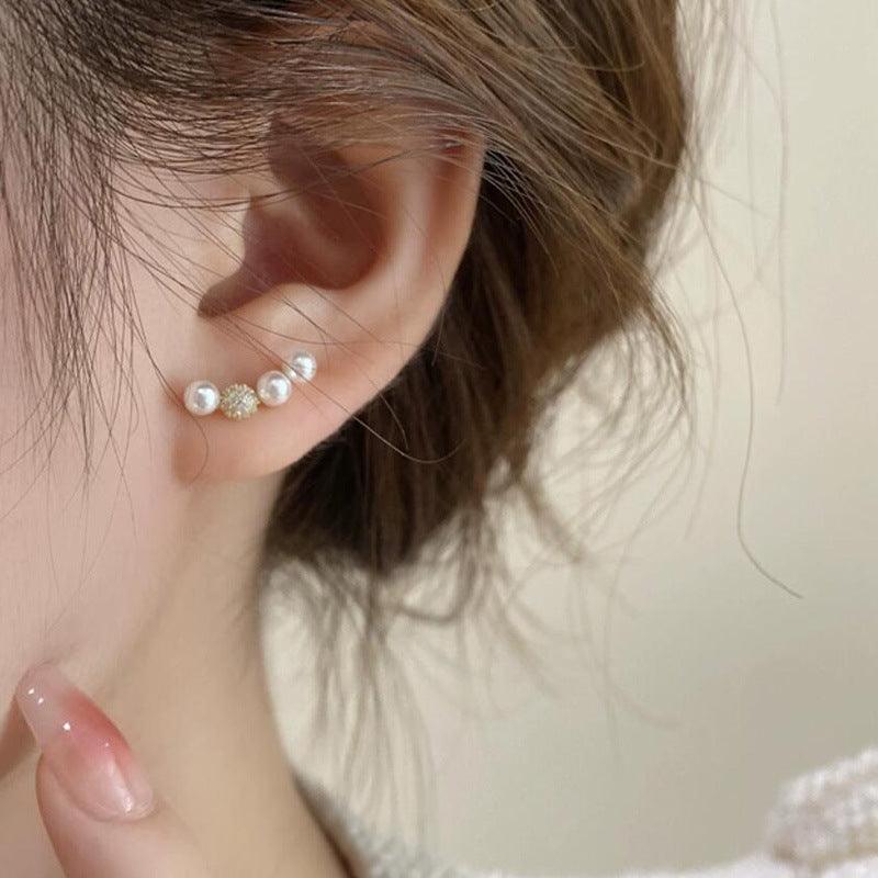 Small Micro Inlaid Pearls Zircon Smile Curved Ear Studs