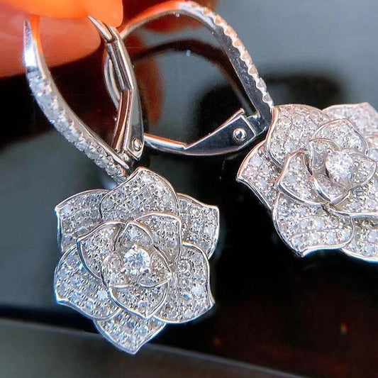 Fully-inlaid High Carbon Diamond Camellia Earrings For Women