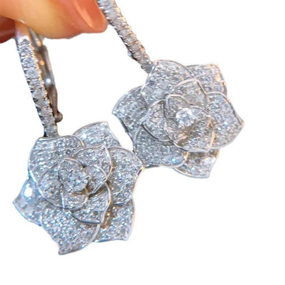 Fully-inlaid High Carbon Diamond Camellia Earrings For Women