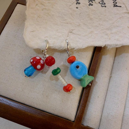 Hand-made Earrings Mushroom Fish Contrast Color Red And Blue Retro