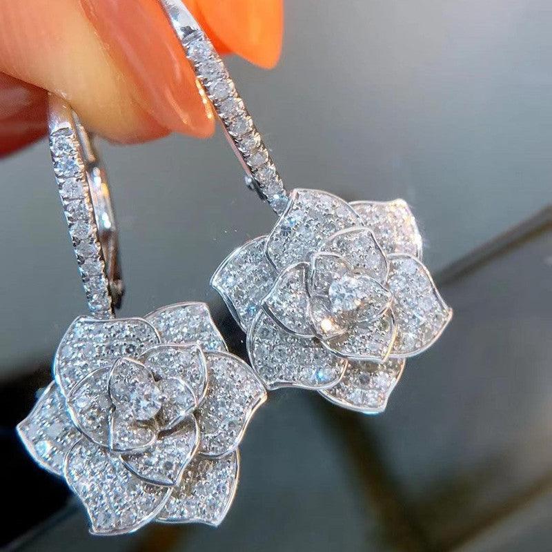 Fully-inlaid High Carbon Diamond Camellia Earrings For Women