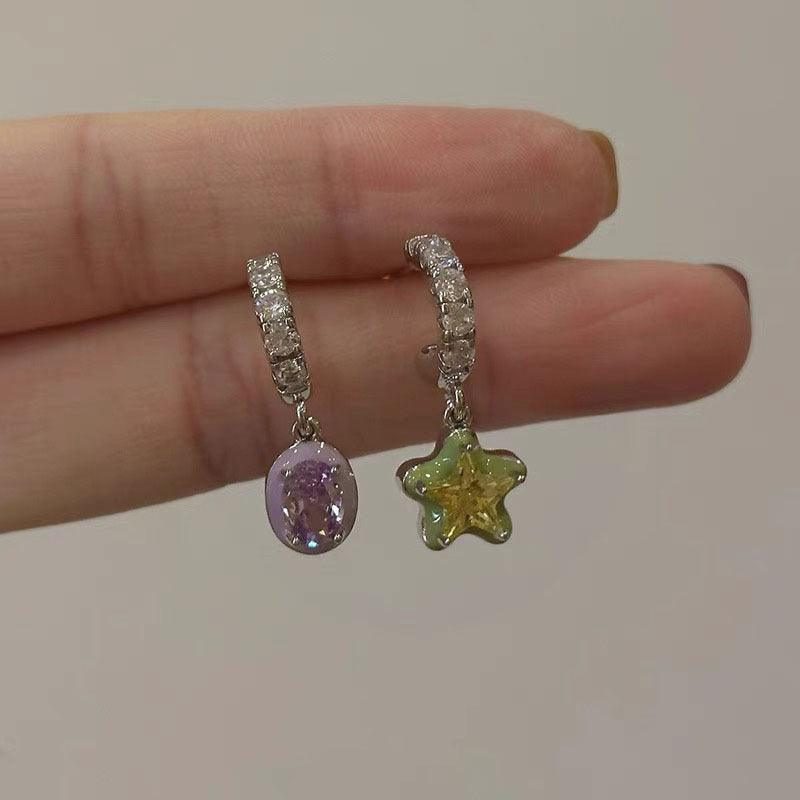 Asymmetric Green Star Ear Studs Women's Diamond