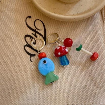 Hand-made Earrings Mushroom Fish Contrast Color Red And Blue Retro