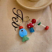 Hand-made Earrings Mushroom Fish Contrast Color Red And Blue Retro