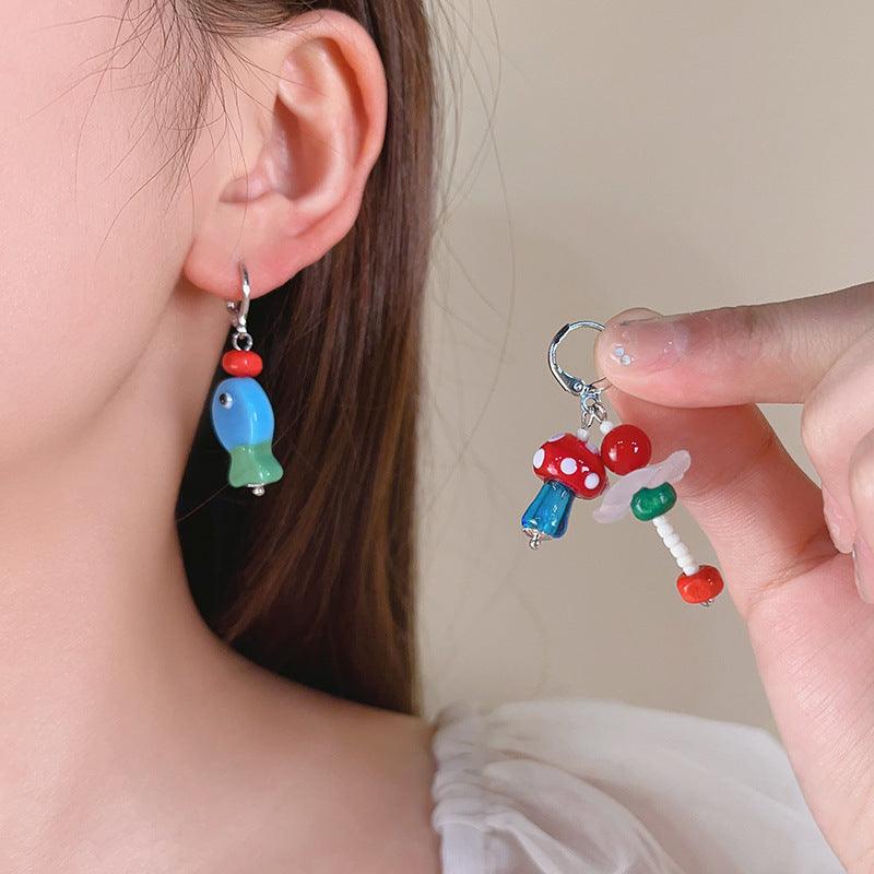 Hand-made Earrings Mushroom Fish Contrast Color Red And Blue Retro