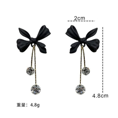 Black Bow Zircon Tassel Earrings Versatile Temperament Socialite Earrings High-end Design Earrings