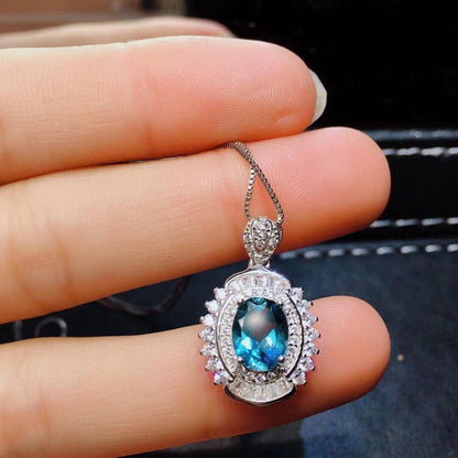 Blue Topaz Ring Pendant Earring Set Crystal S925 Silver Inlay