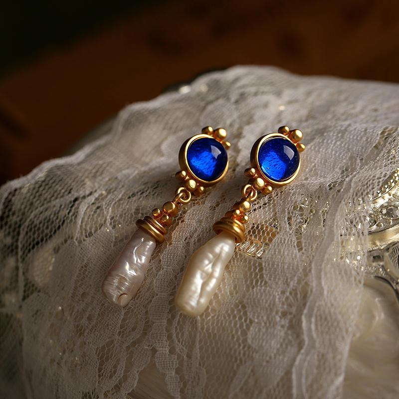 French Retro Maillard Blue Baroque Pearl Earrings