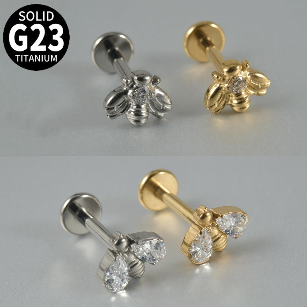 G23 Titanium Personality Straight Rod Flat Bottom Labret Inlaid Zircon Bee Labret Ear Studs Tongue Pin DIY Piercing Earrings