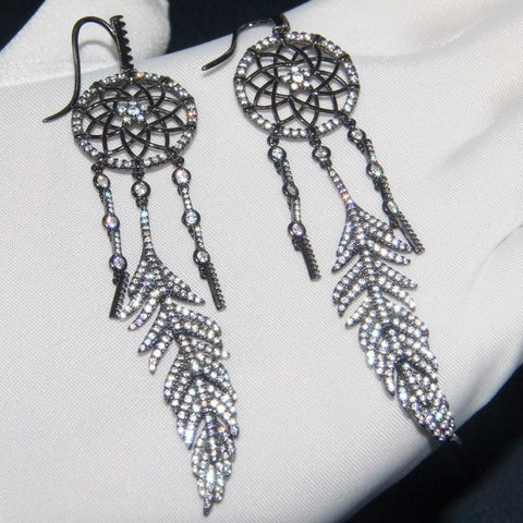 أقراط من الفضة الإسترلينية مرصعة بالألماس لالتقاط ريش شبكة الأحلام