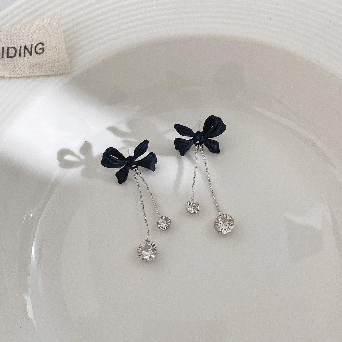 Black Bow Zircon Tassel Earrings Versatile Temperament Socialite Earrings High-end Design Earrings