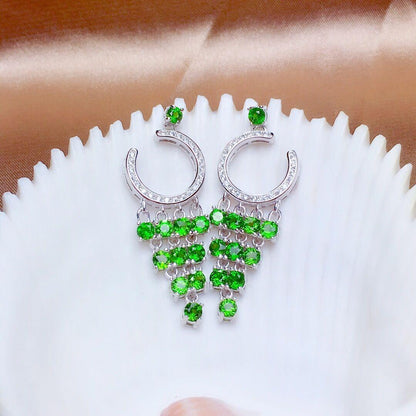 Natural Russian Diopside Earrings Crystal Transparent Full Body S925 Silver