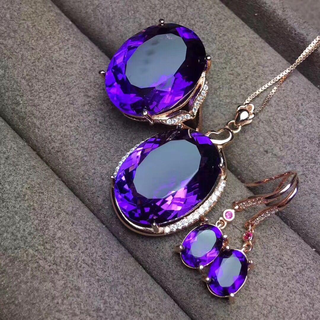 New Fashion Amethyst Set Ring Pendant Earrings Three-piece Set