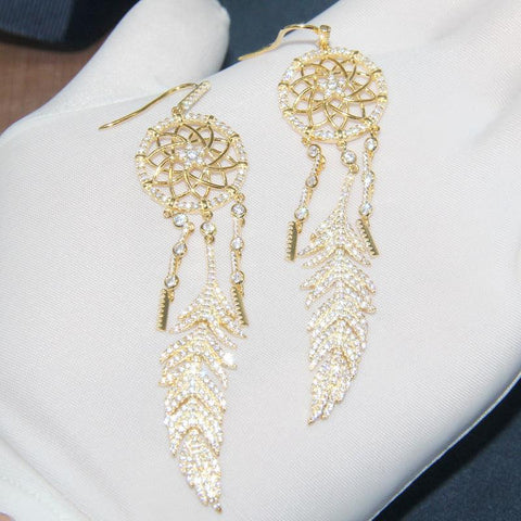 أقراط من الفضة الإسترلينية مرصعة بالألماس لالتقاط ريش شبكة الأحلام