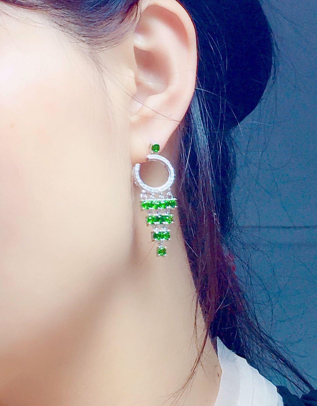 Natural Russian Diopside Earrings Crystal Transparent Full Body S925 Silver