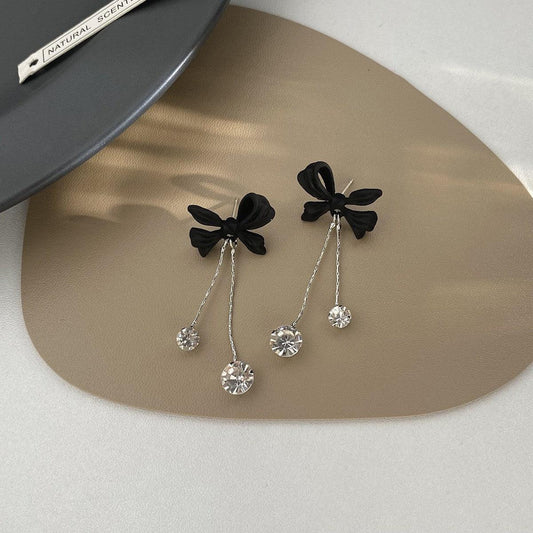 Black Bow Zircon Tassel Earrings Versatile Temperament Socialite Earrings High-end Design Earrings